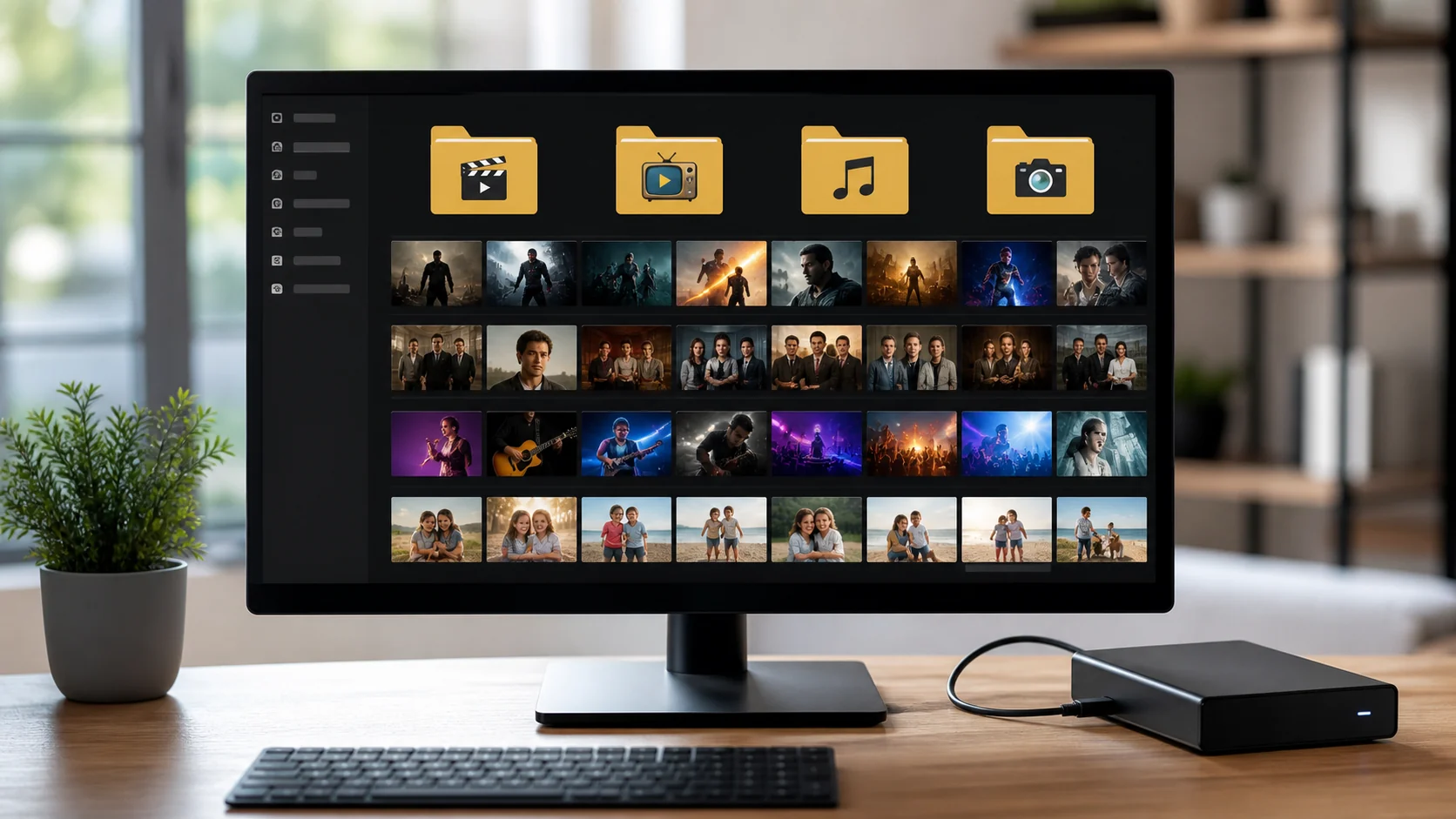 pastas organizadas de filmes séries músicas e fotos em um computador