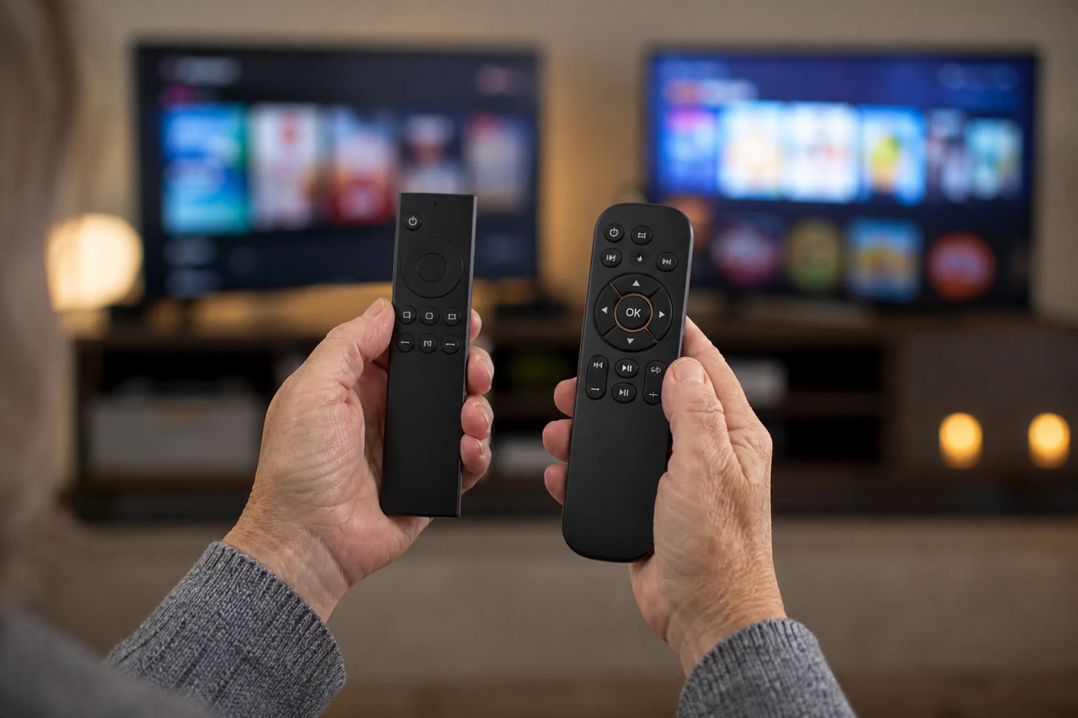 pessoa comparando dois controles remotos de Smart TV