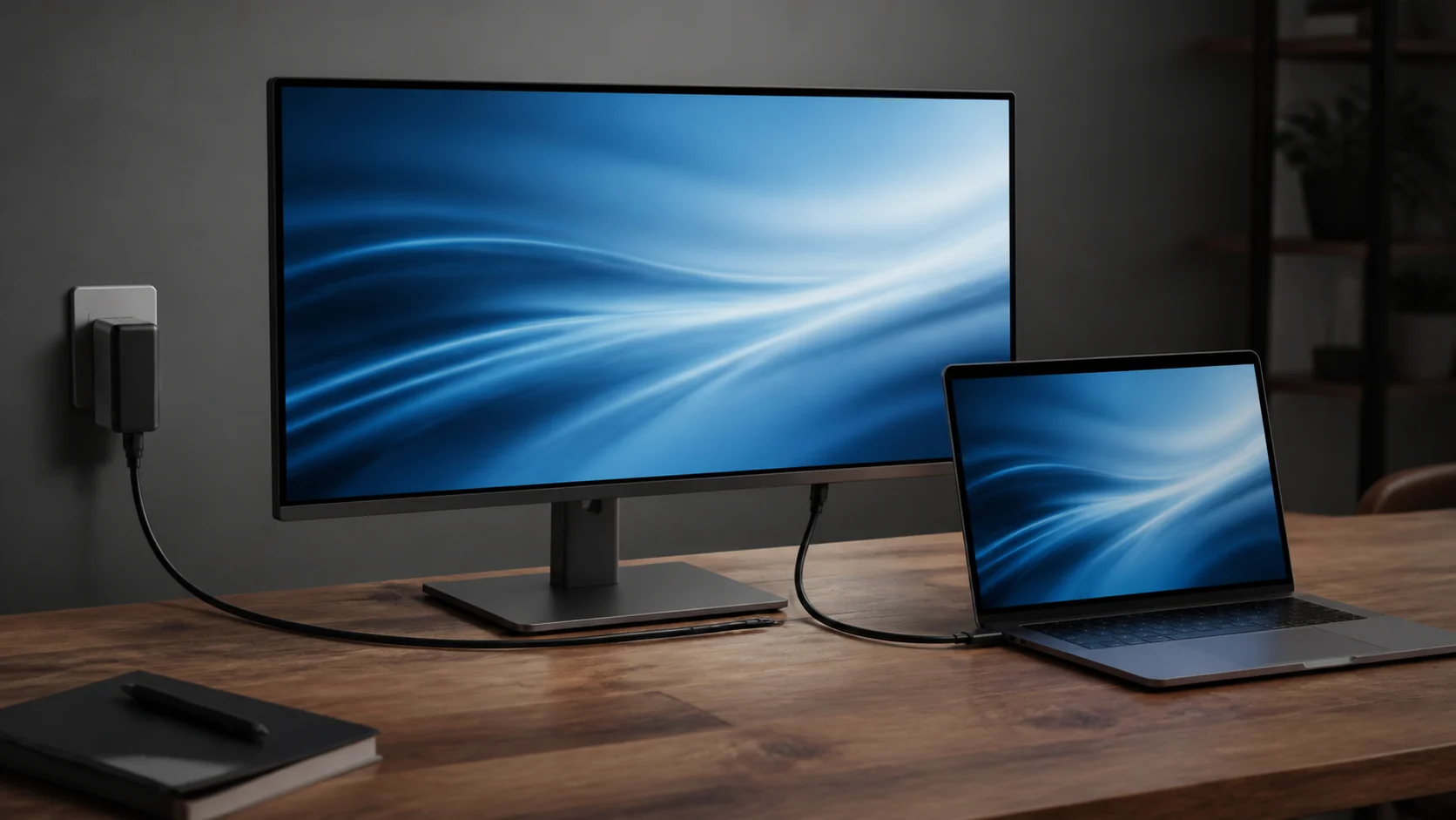 um único cabo USB-C ligando notebook a monitor e carregador