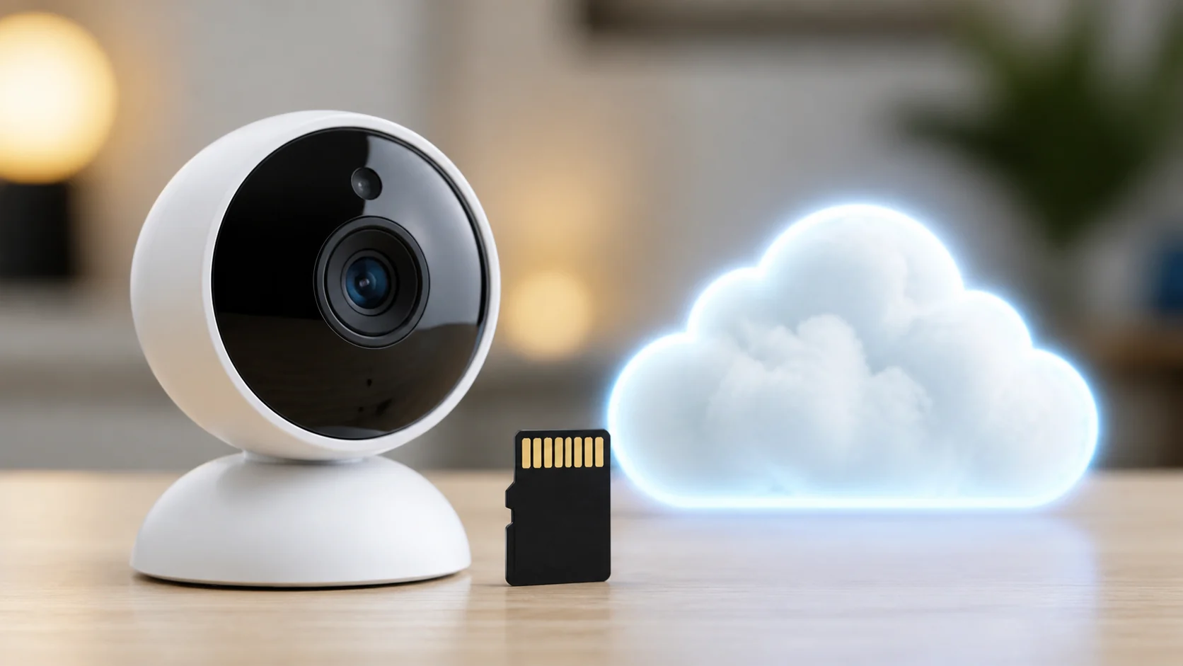 Câmera de segurança ao lado de cartão microSD e símbolo de nuvem