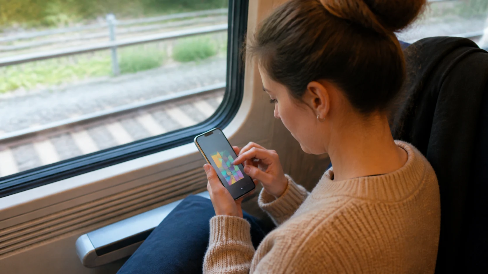 Pessoa resolvendo quebra-cabeça colorido no smartphone