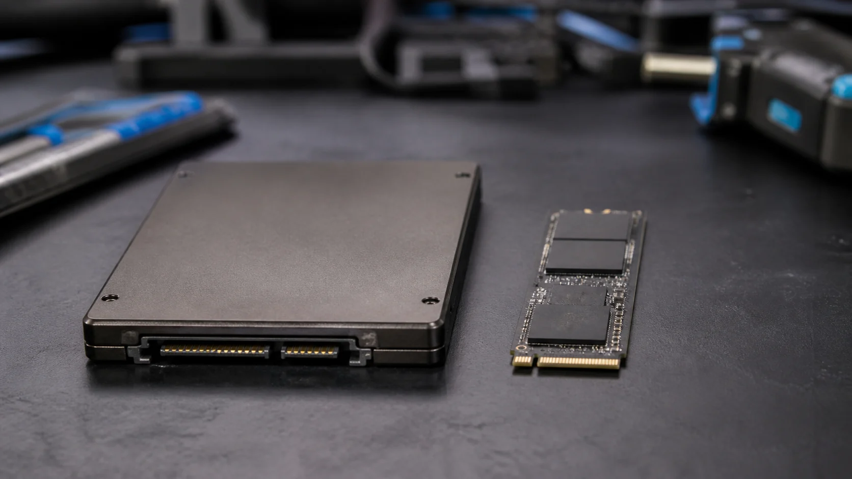 Dois formatos de SSD usados em notebooks sobre bancada técnica