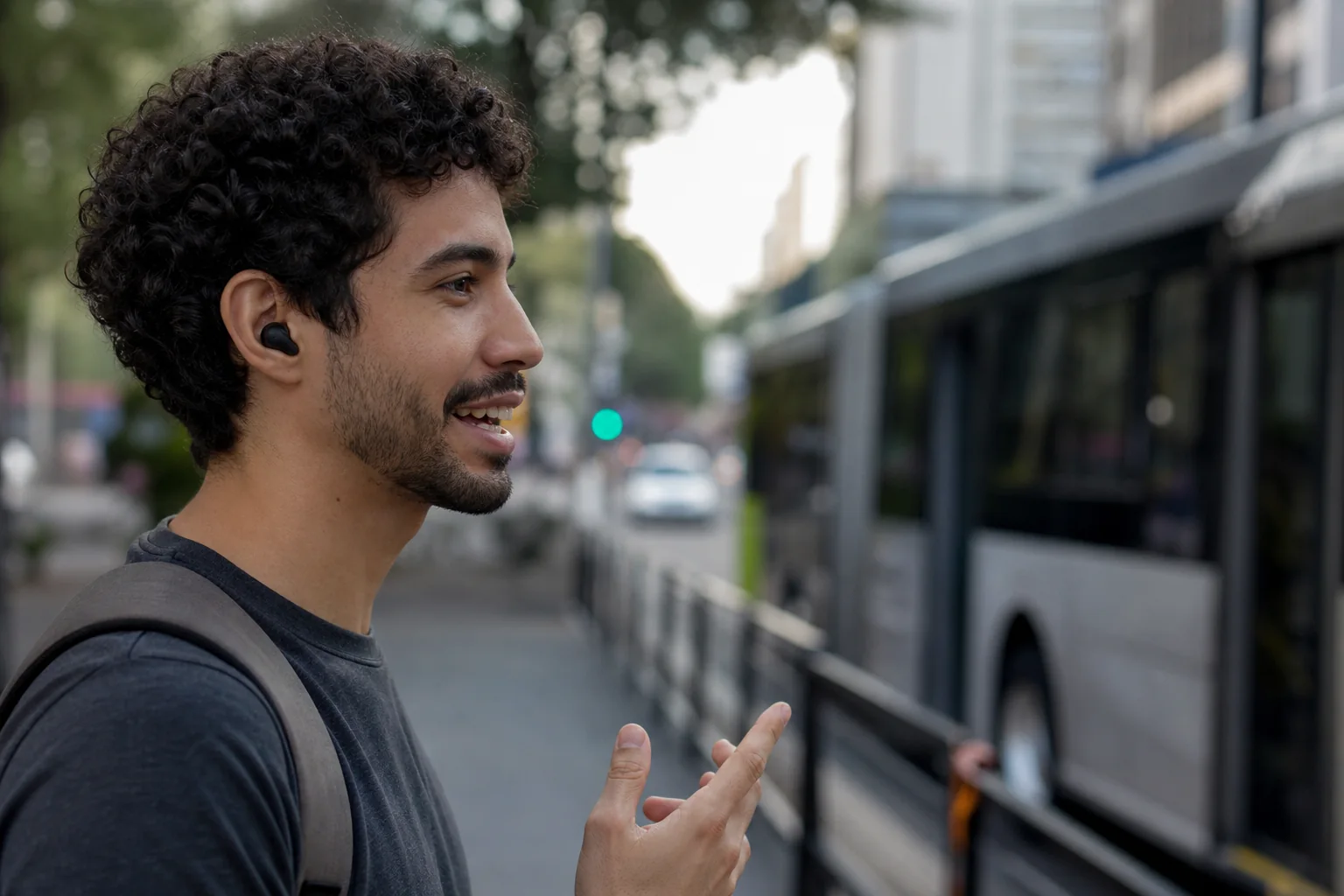 pessoa usando fone Bluetooth durante deslocamento urbano