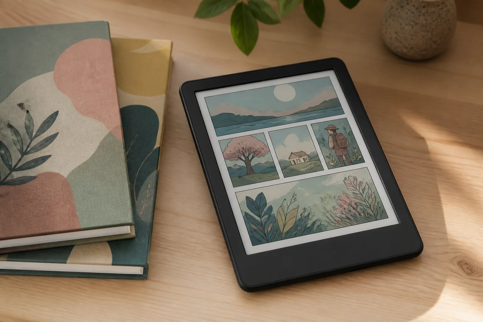 leitor digital com ilustrações coloridas ao lado de livros