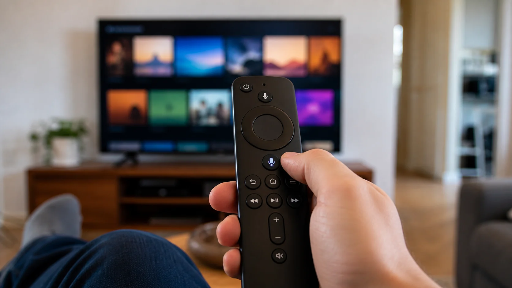pessoa usando botão de voz do controle diante da televisão