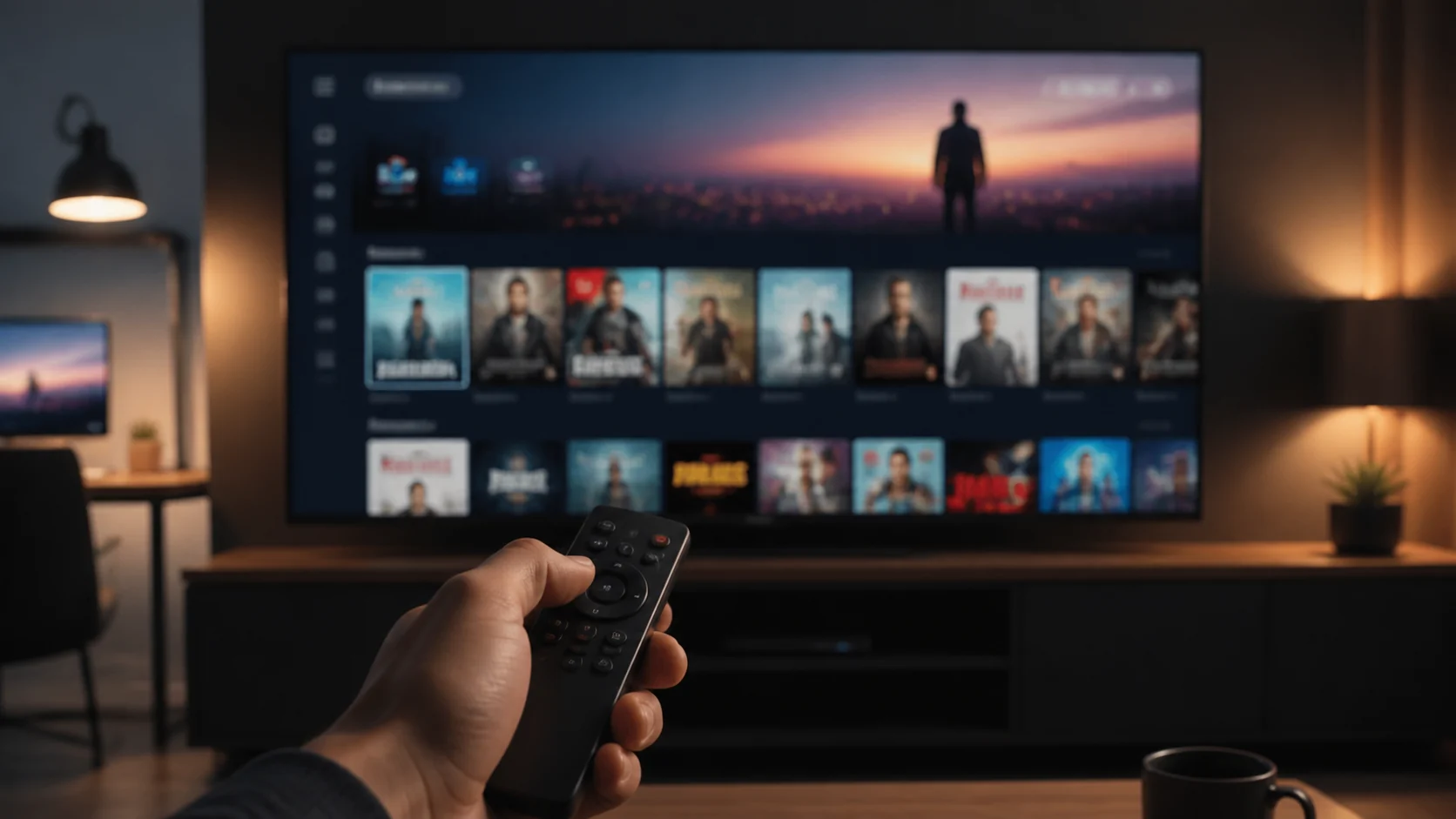 controle remoto diante de uma televisão com biblioteca de mídia genérica