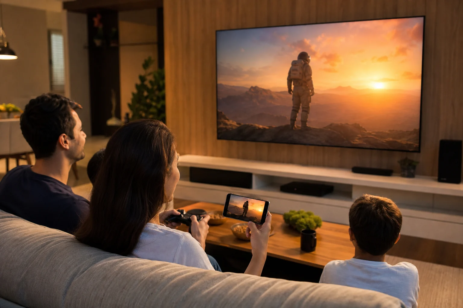 família usando streaming e espelhamento em televisão