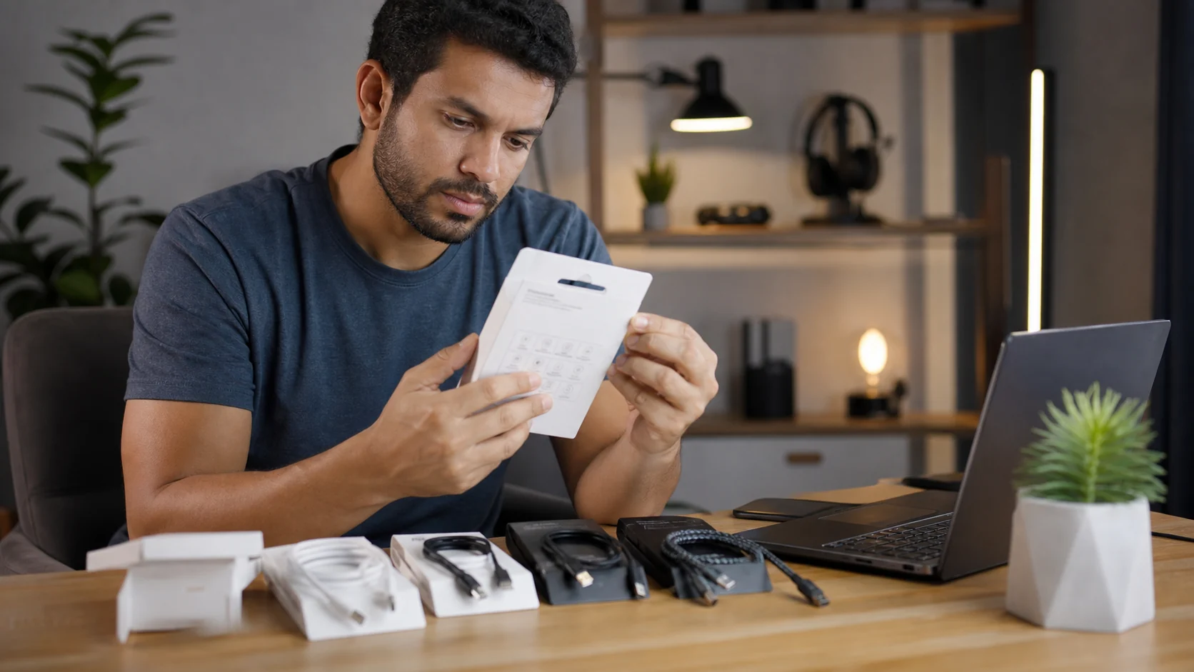pessoa conferindo símbolos e especificações de cabos USB-C