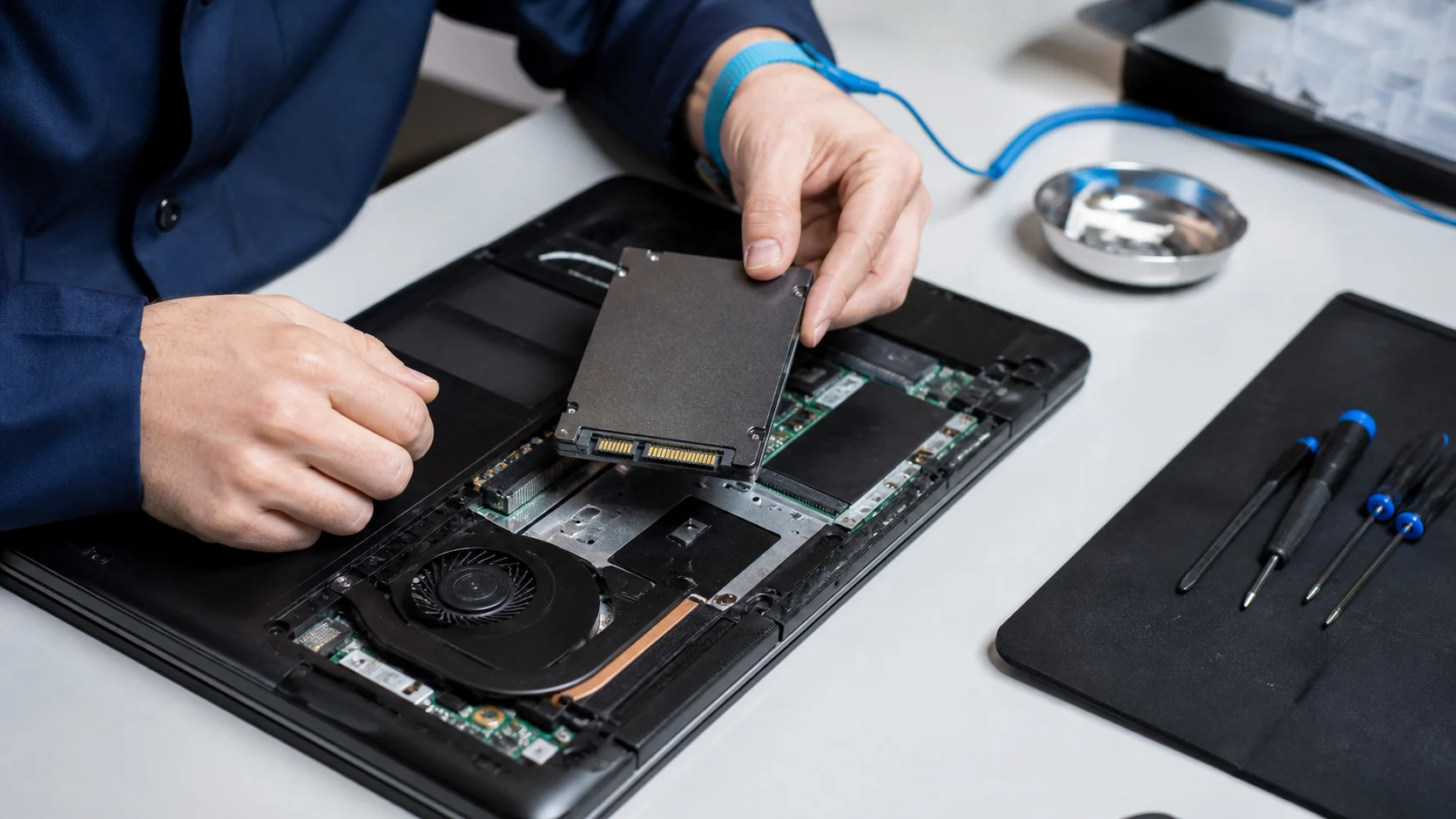 Técnico instalando SSD em notebook com cuidado
