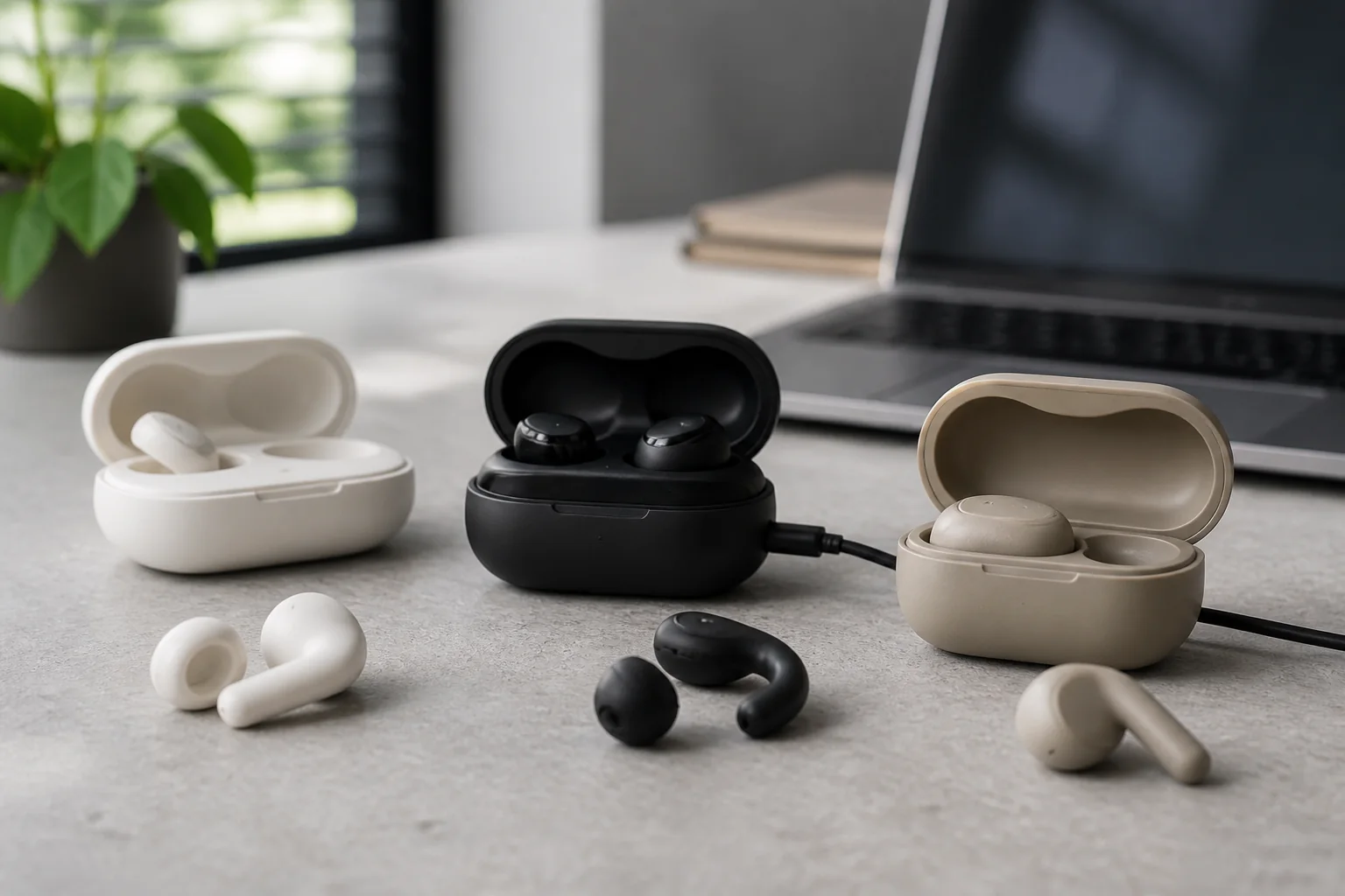 estojos de fones sem fio sendo carregados em uma mesa de trabalho