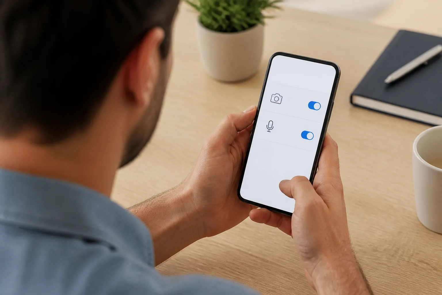 pessoa revisando configurações de câmera e microfone no celular