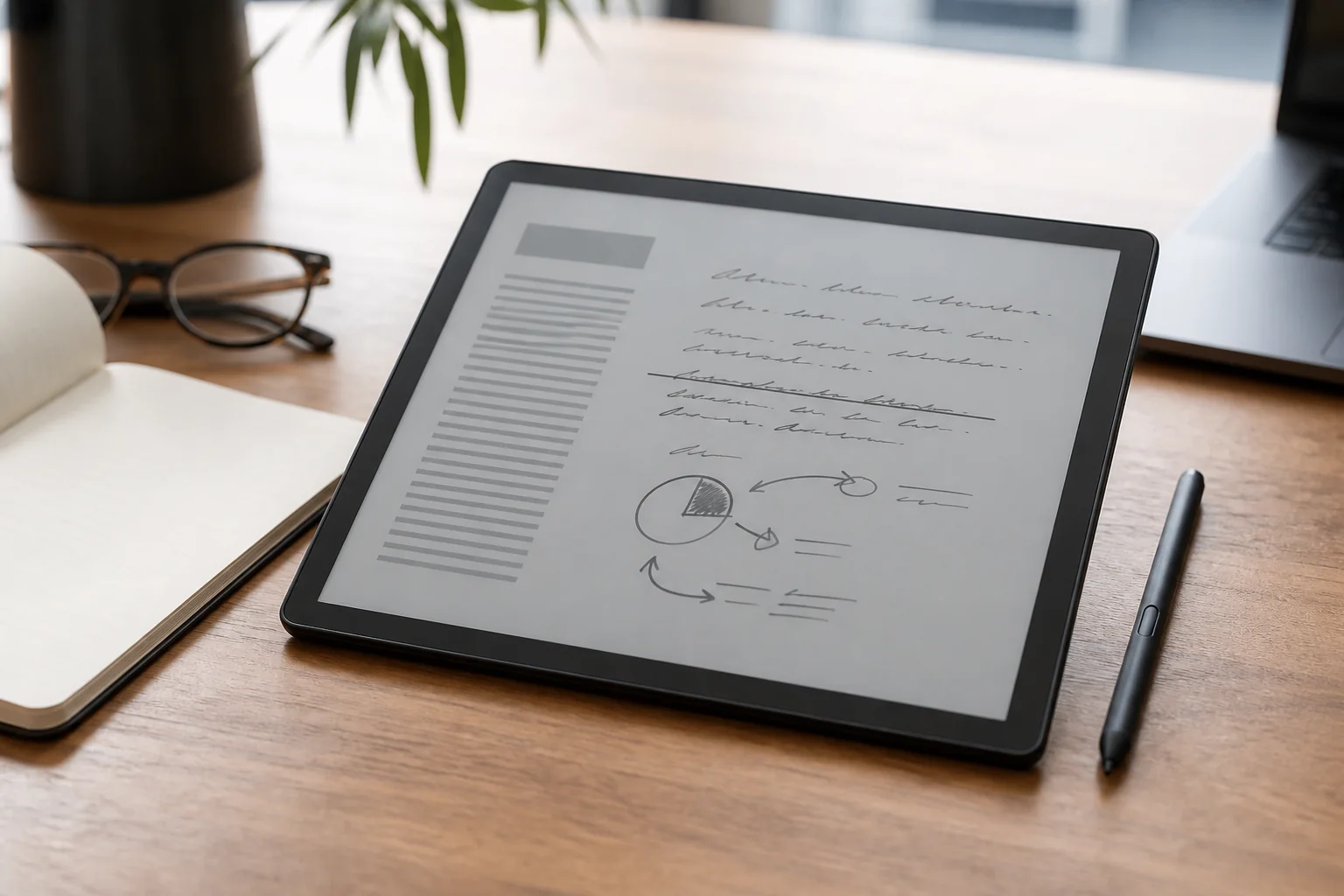leitor digital grande com caneta sobre mesa de estudos