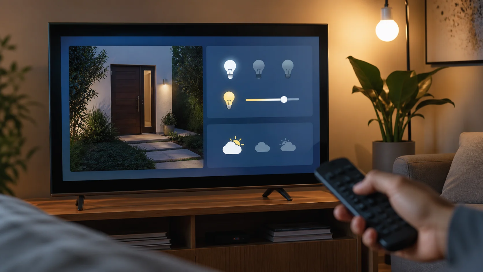 televisão exibindo controles de iluminação e câmera residencial