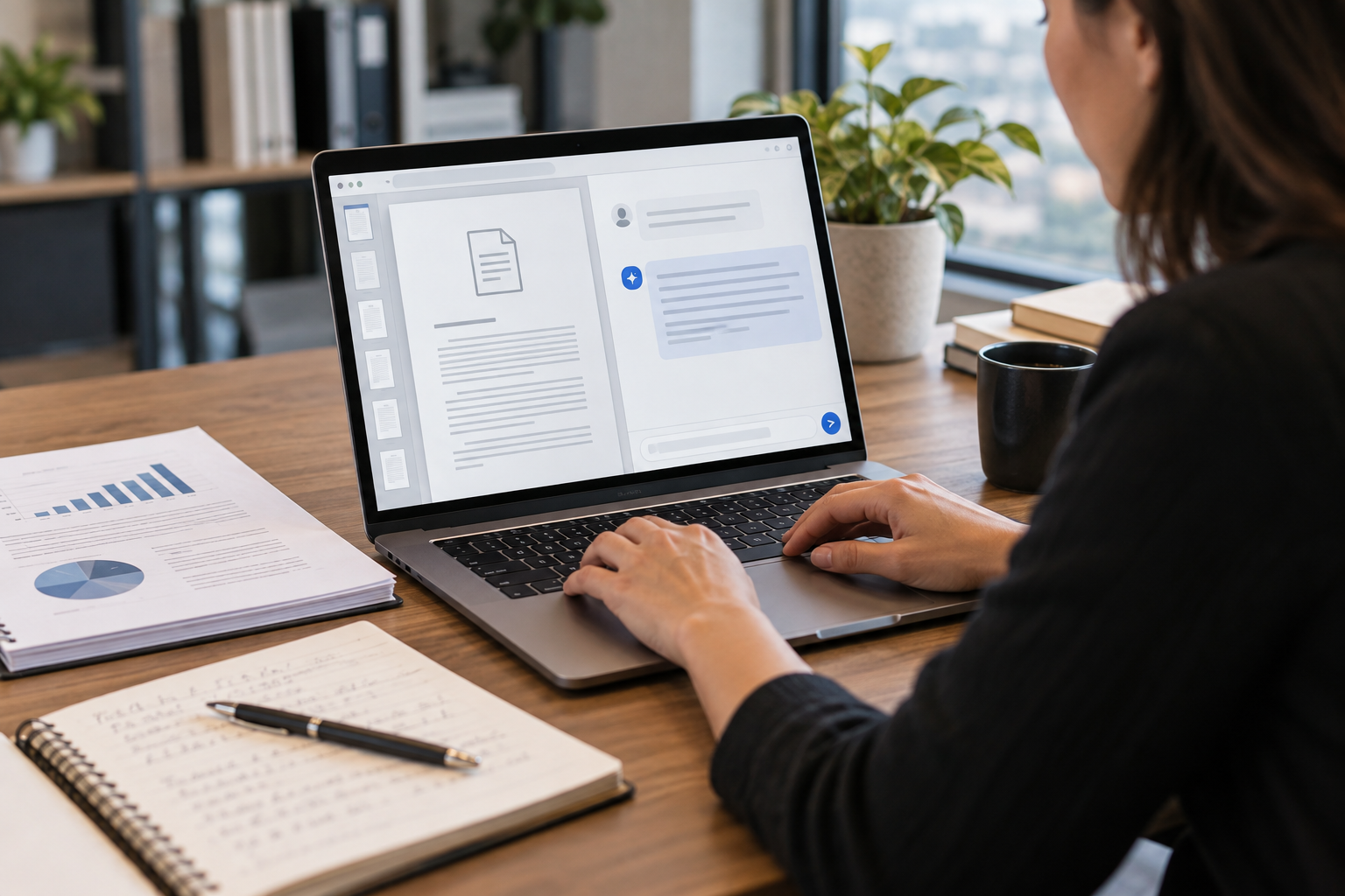 Profissional analisando um documento PDF com a ajuda de uma inteligência artificial