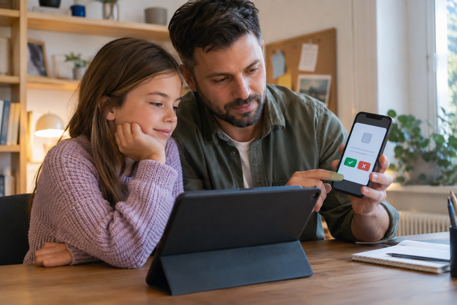 Pai e filha analisando uma solicitação de aplicativo no controle parental