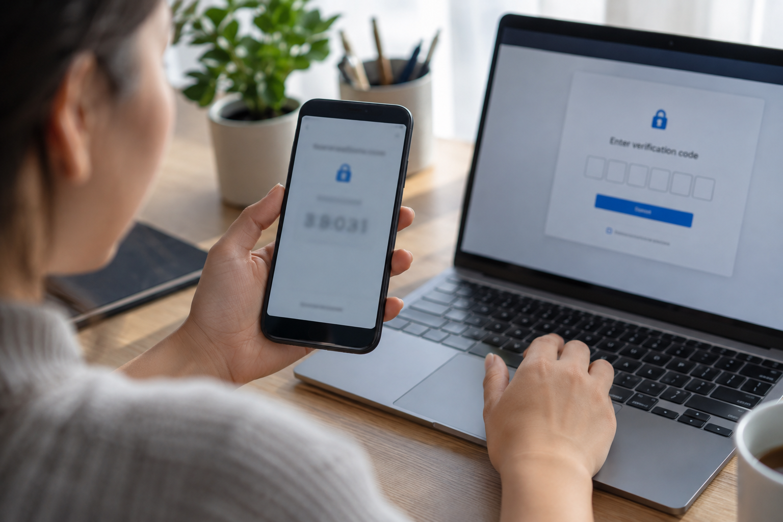 Pessoa ativando a autenticação em duas etapas com celular e notebook