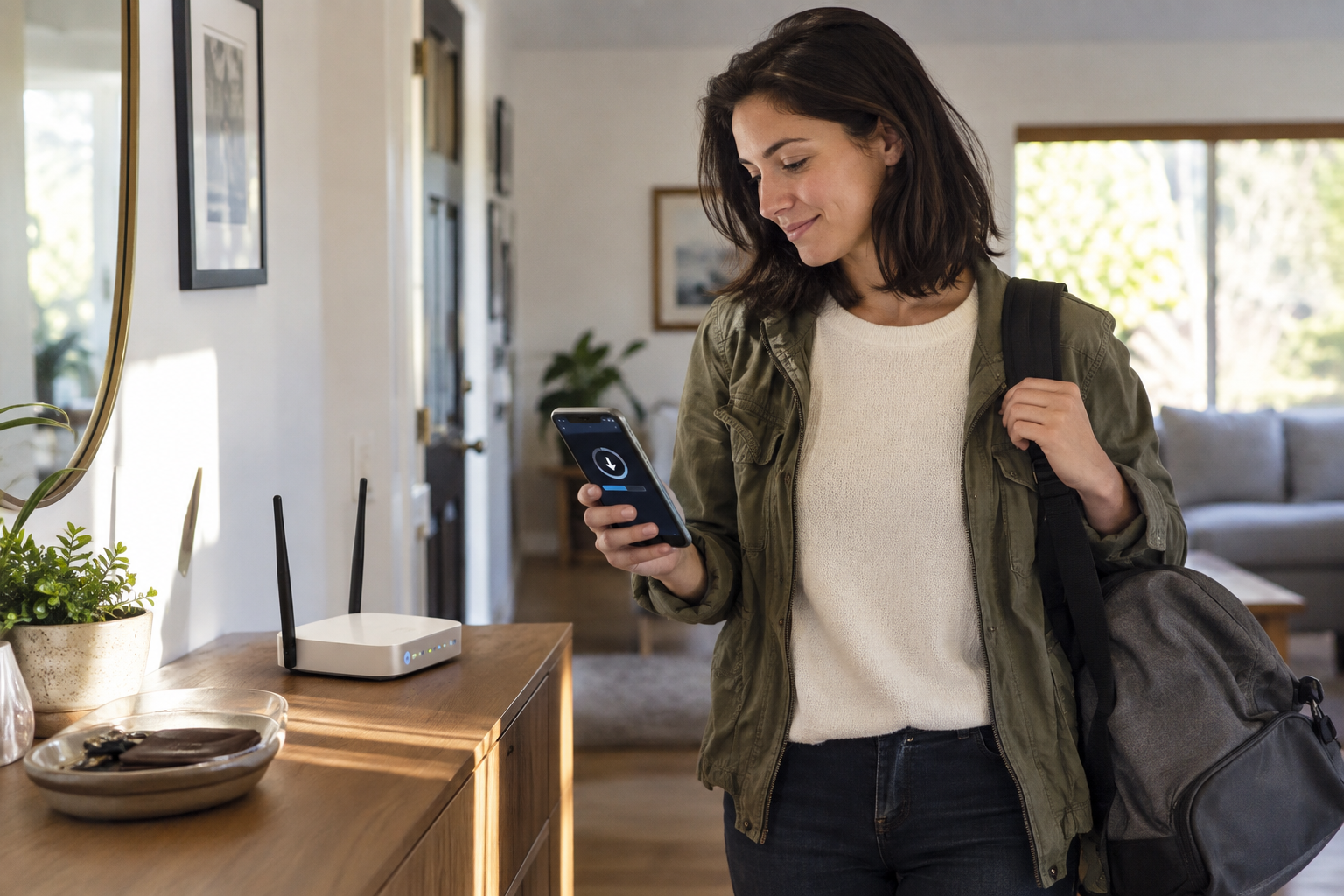Pessoa baixando podcasts pelo Wi-Fi antes de sair de casa