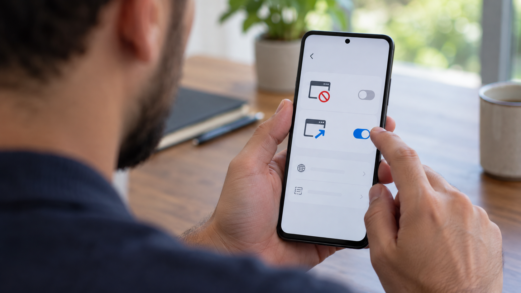 Usuário ajustando permissões de pop-ups e redirecionamentos no celular
