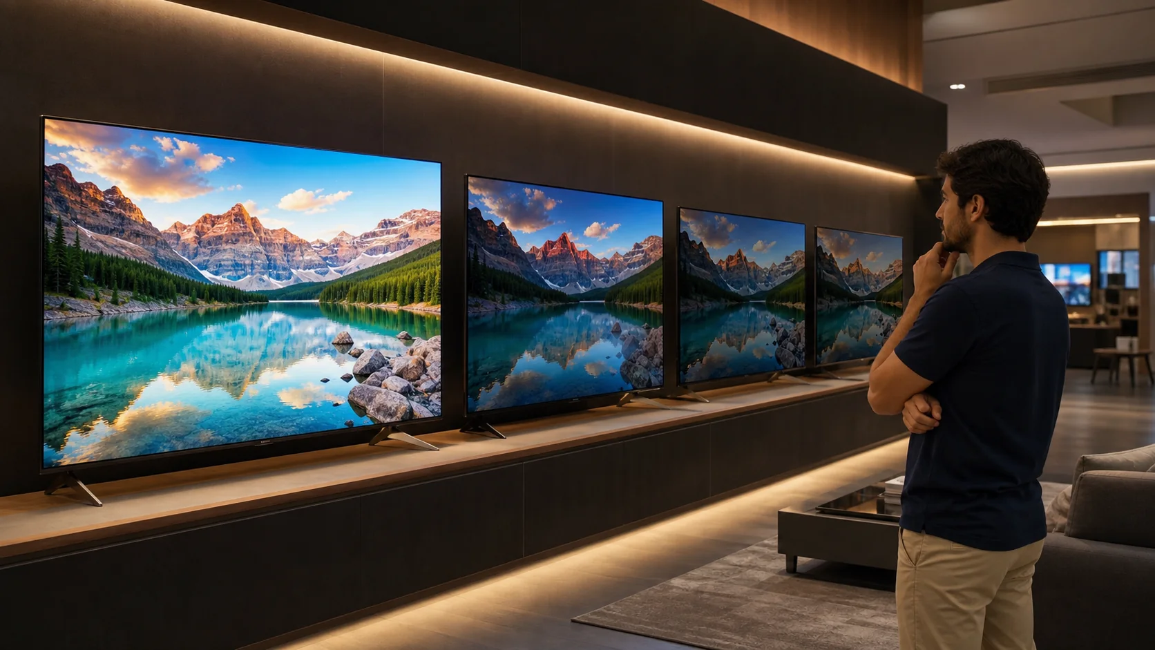 Consumidor comparando diferentes tecnologias de tela em televisores modernos