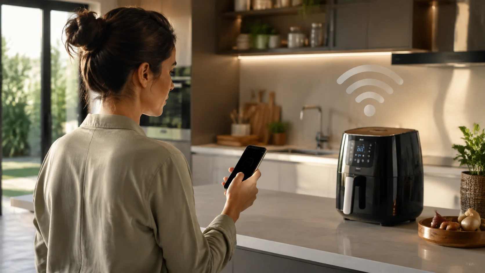 Pessoa controlando uma airfryer inteligente pelo celular na cozinha