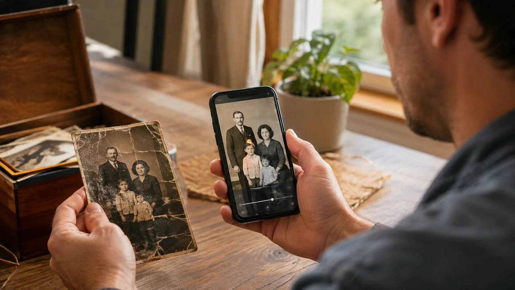 Pessoa restaurando no celular uma fotografia antiga de família