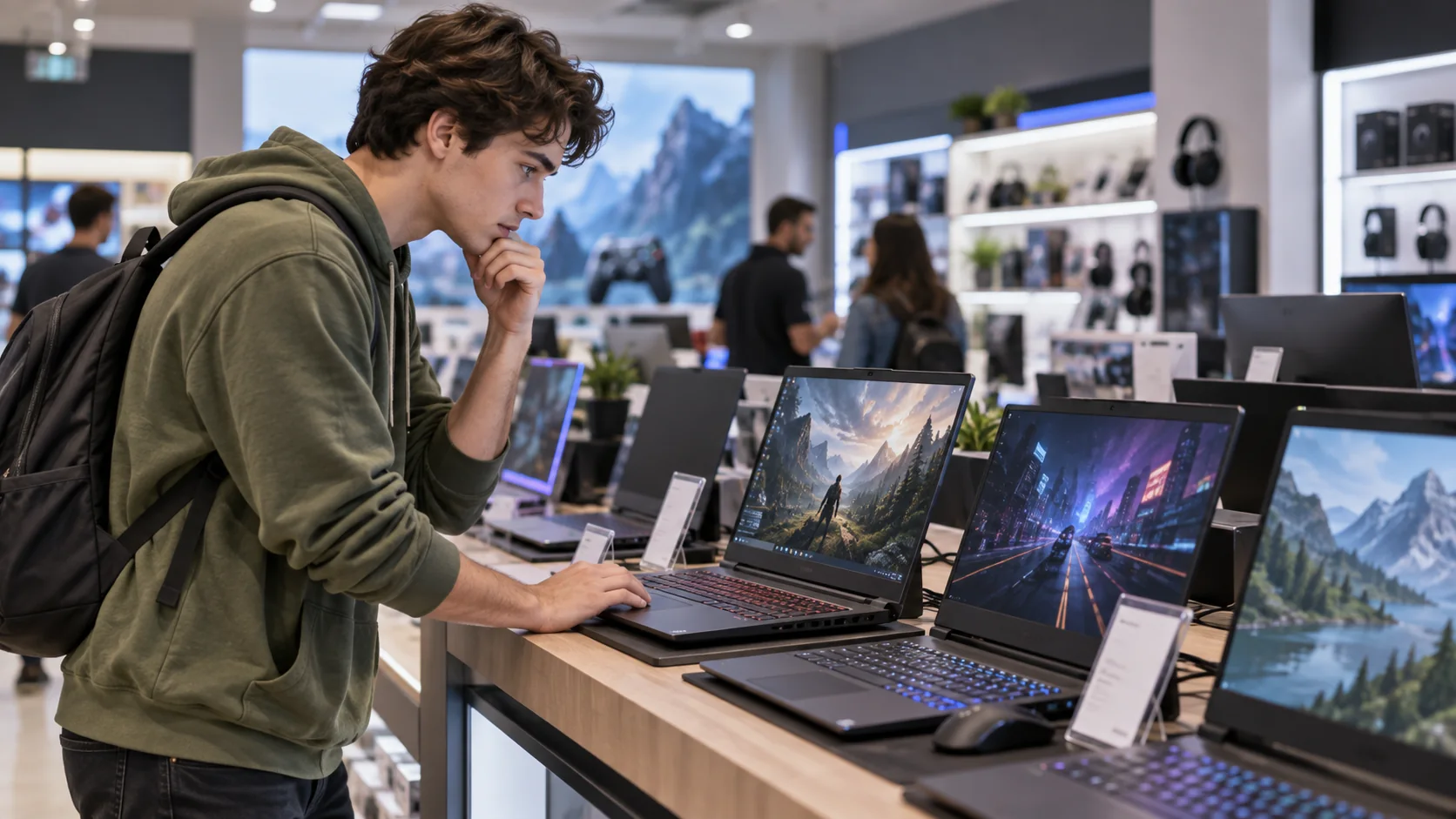 Jovem comparando especificações de notebooks para jogos em uma loja