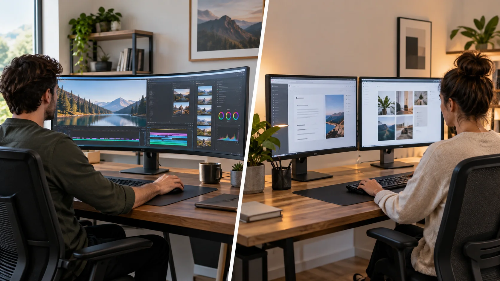 Mesa de trabalho dividida entre monitor ultrawide e configuração com dois monitores
