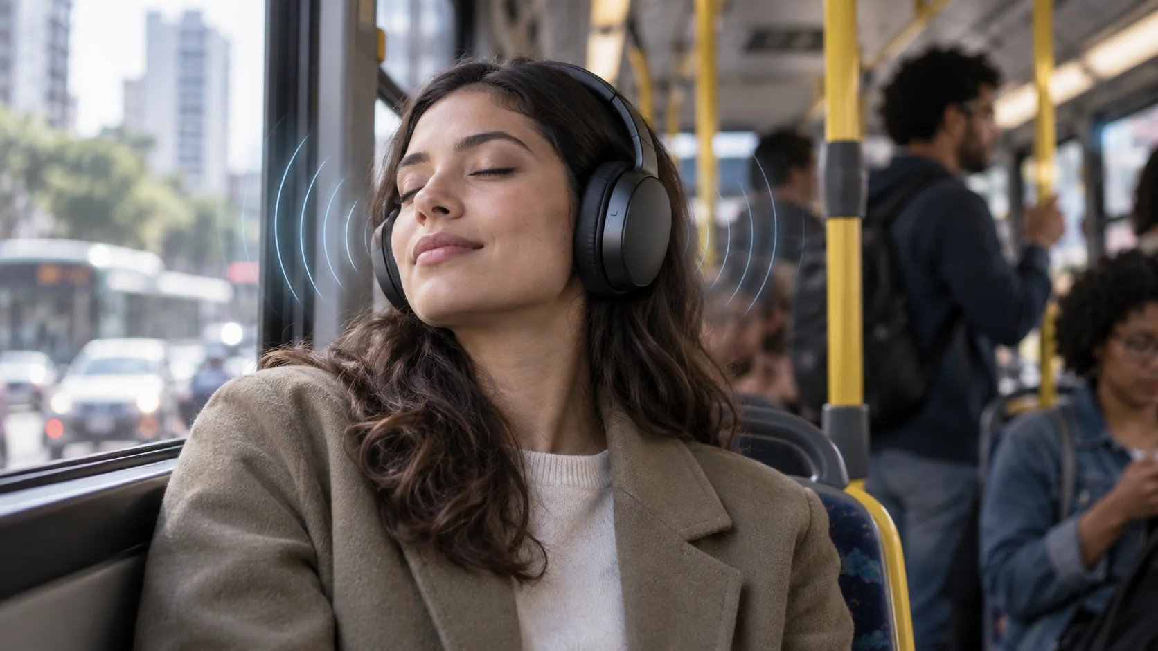 Pessoa usando fone com cancelamento de ruído dentro de ônibus movimentado