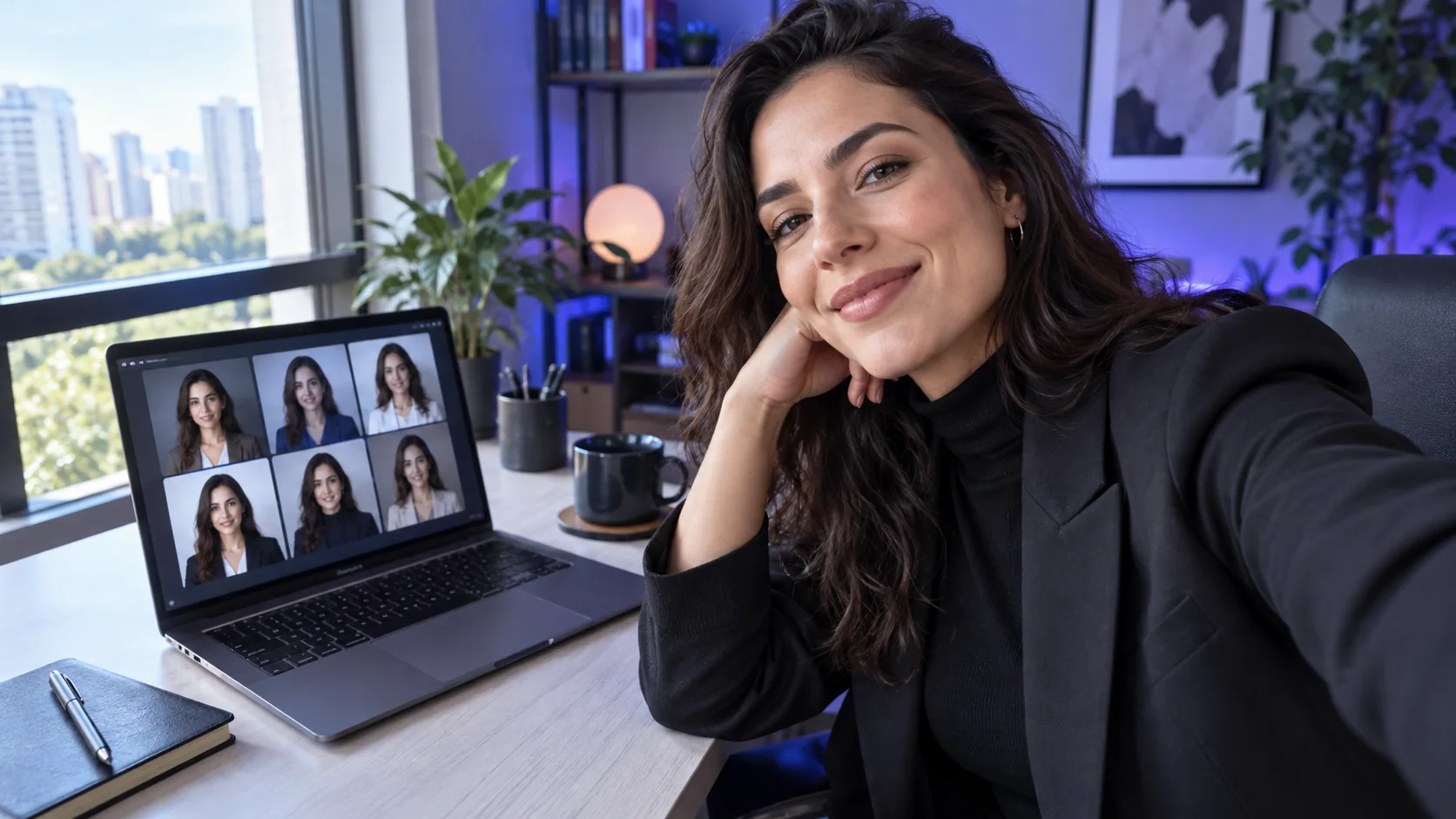 Profissional tirando selfie enquanto computador mostra variações de retrato geradas por IA