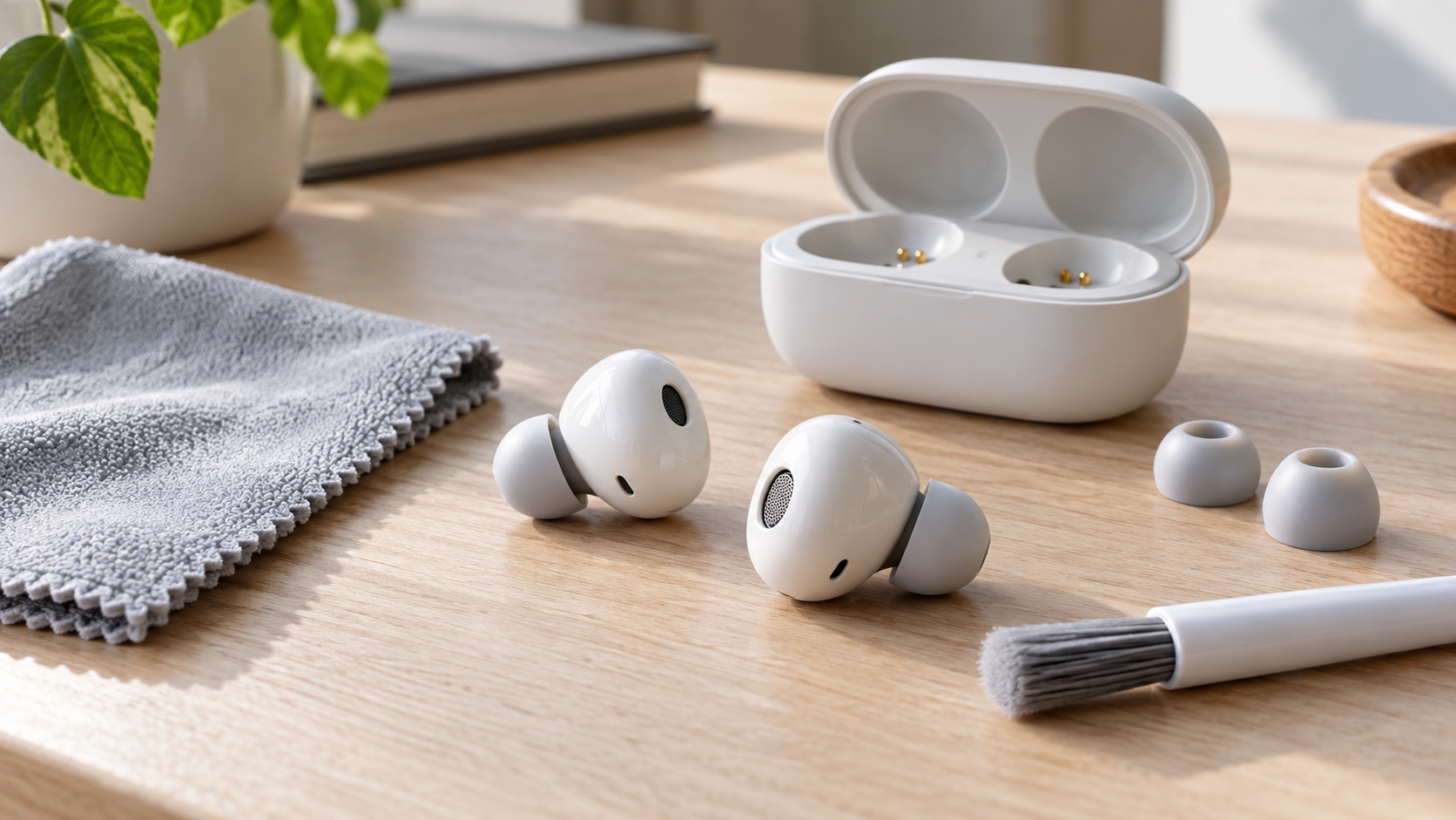 Fones sem fio, estojo, ponteiras de silicone e materiais de limpeza organizados sobre uma mesa