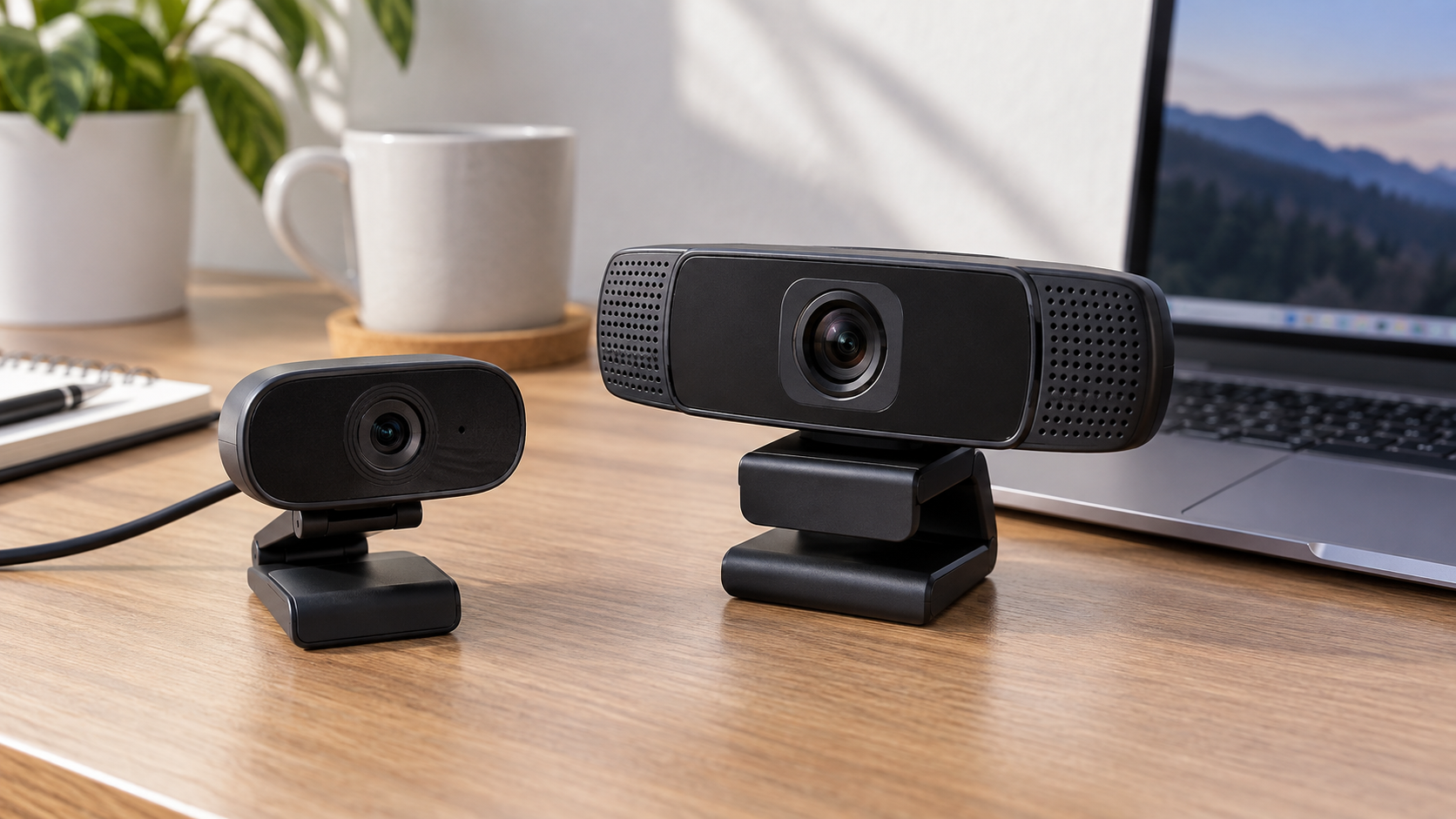Webcam compacta básica e webcam Full HD posicionadas sobre uma mesa