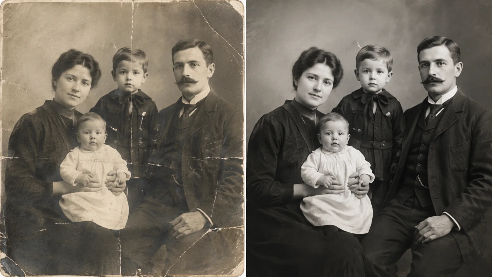 Fotografia antiga dividida visualmente entre versão desgastada e versão restaurada