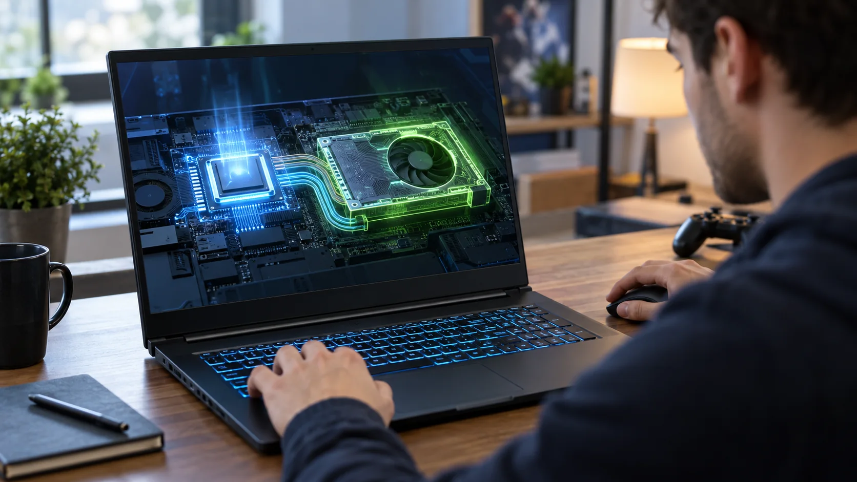 Notebook aberto exibindo representação técnica de processador e placa gráfica dedicada