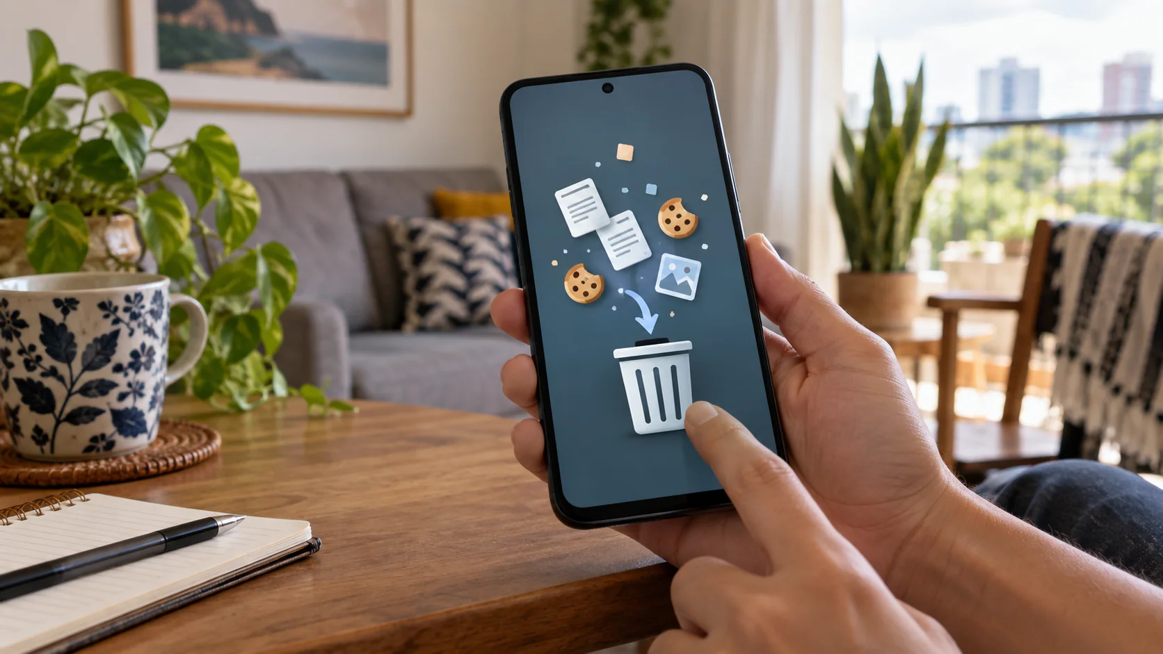 Ilustração conceitual de arquivos temporários e cookies na tela do celular