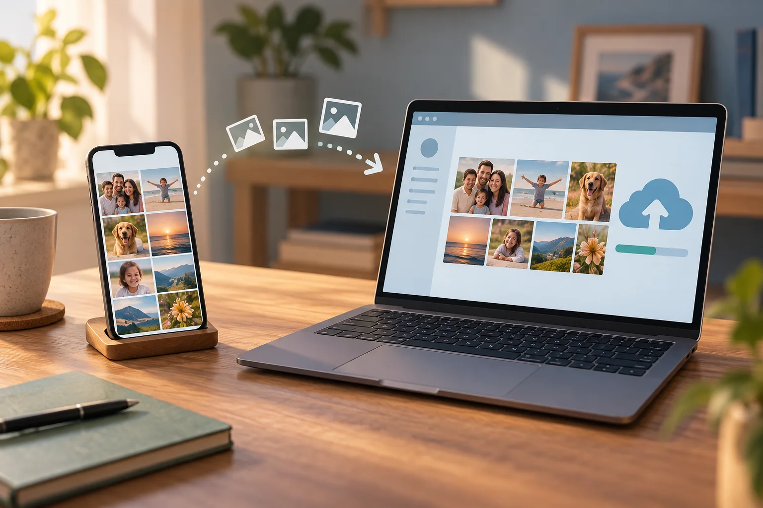 Ilustração de celular e notebook com fotografias representando cópia de segurança