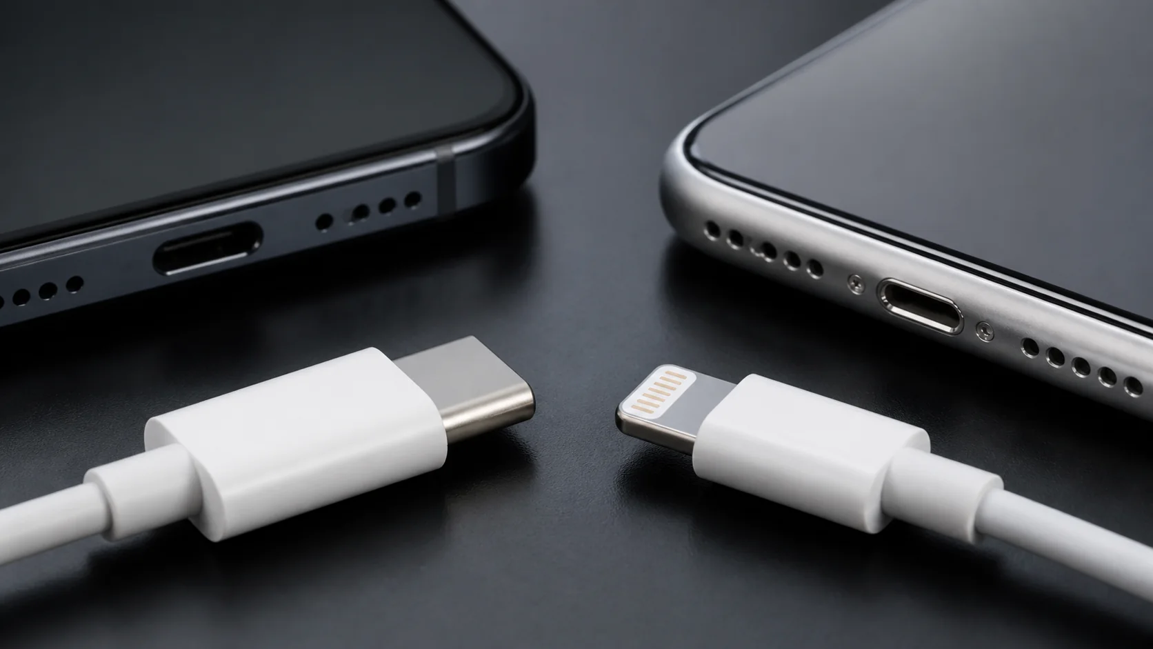 Cabos USB-C e Lightning comparados ao lado de smartphones