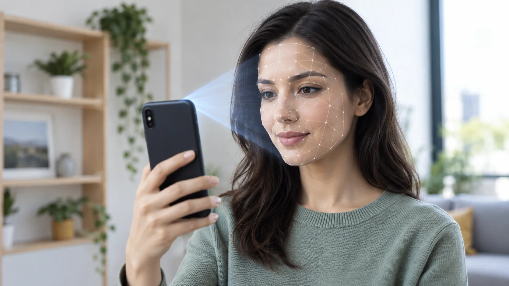 Pessoa realizando reconhecimento facial em ambiente claro com smartphone