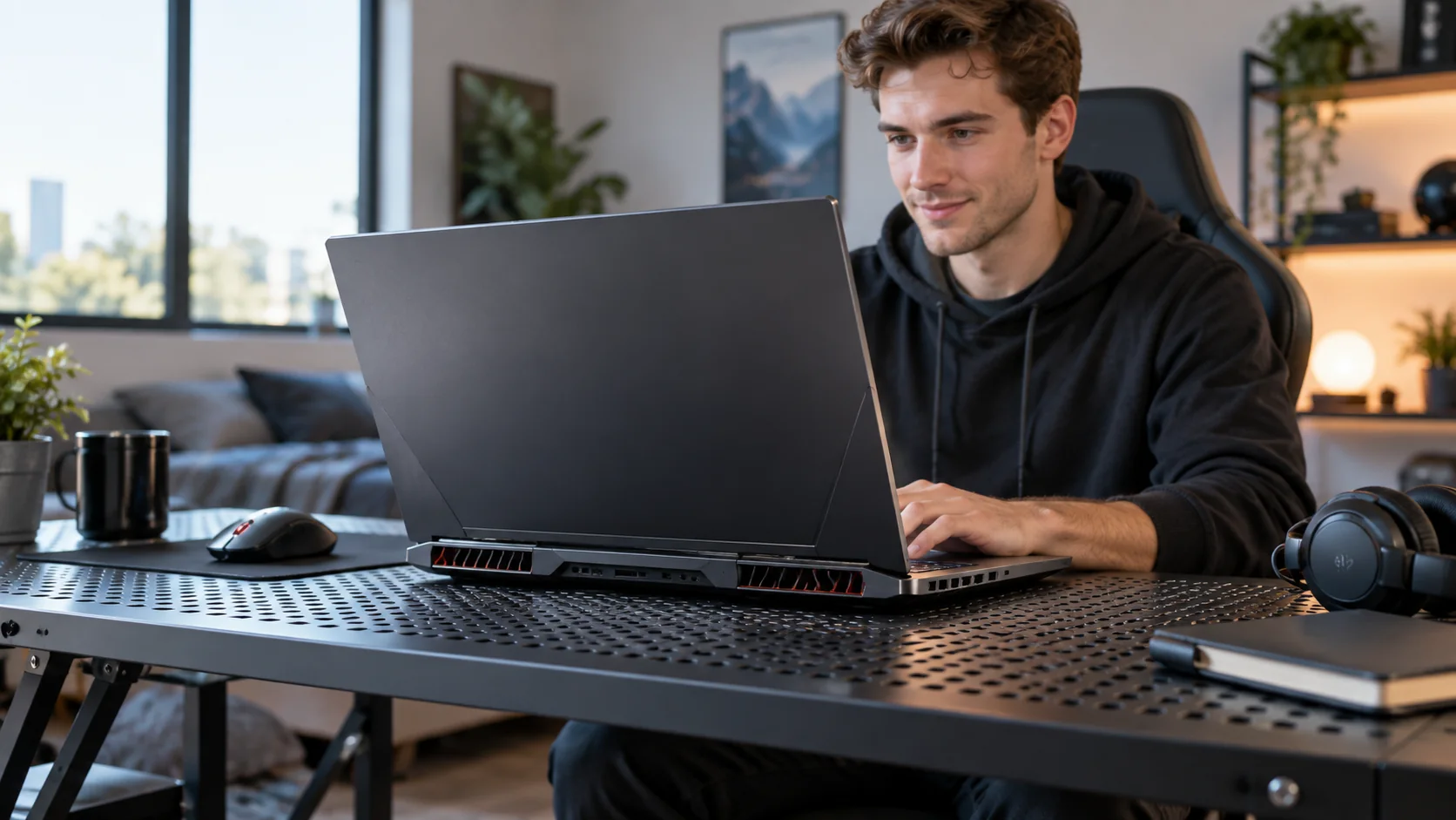 Notebook gamer sobre mesa ventilada com saídas de ar desobstruídas