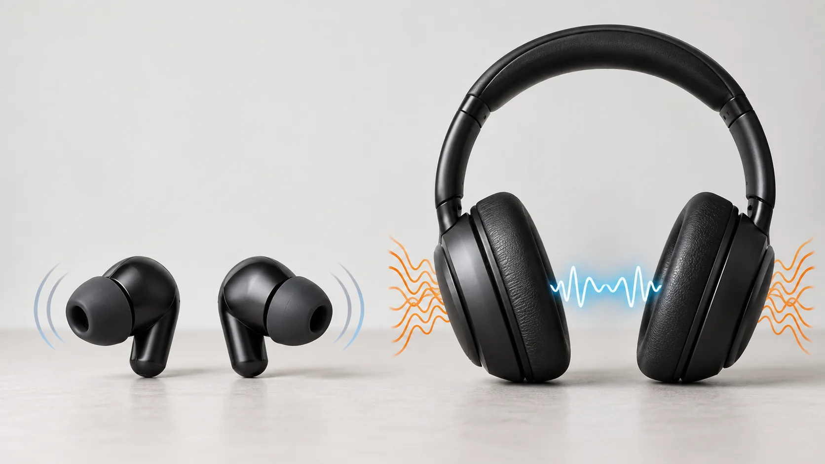 Fones intra-auriculares e headphone comparando vedação e eletrônica