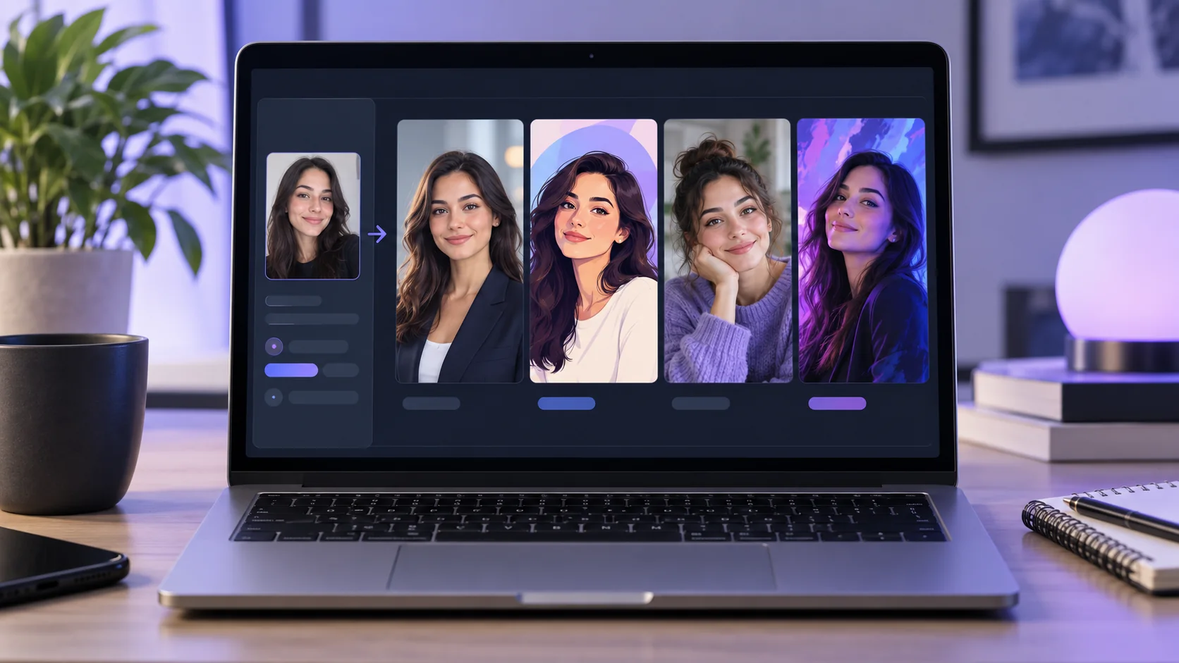 Computador exibindo retratos profissional ilustrado casual e criativo
