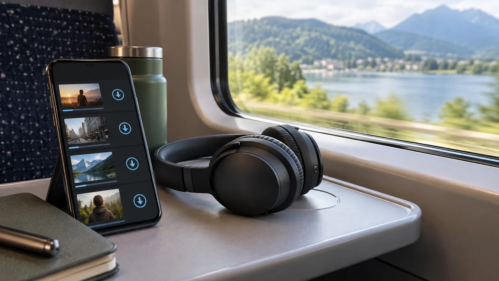 Ilustração de celular com lista de downloads e fones junto à janela de um trem