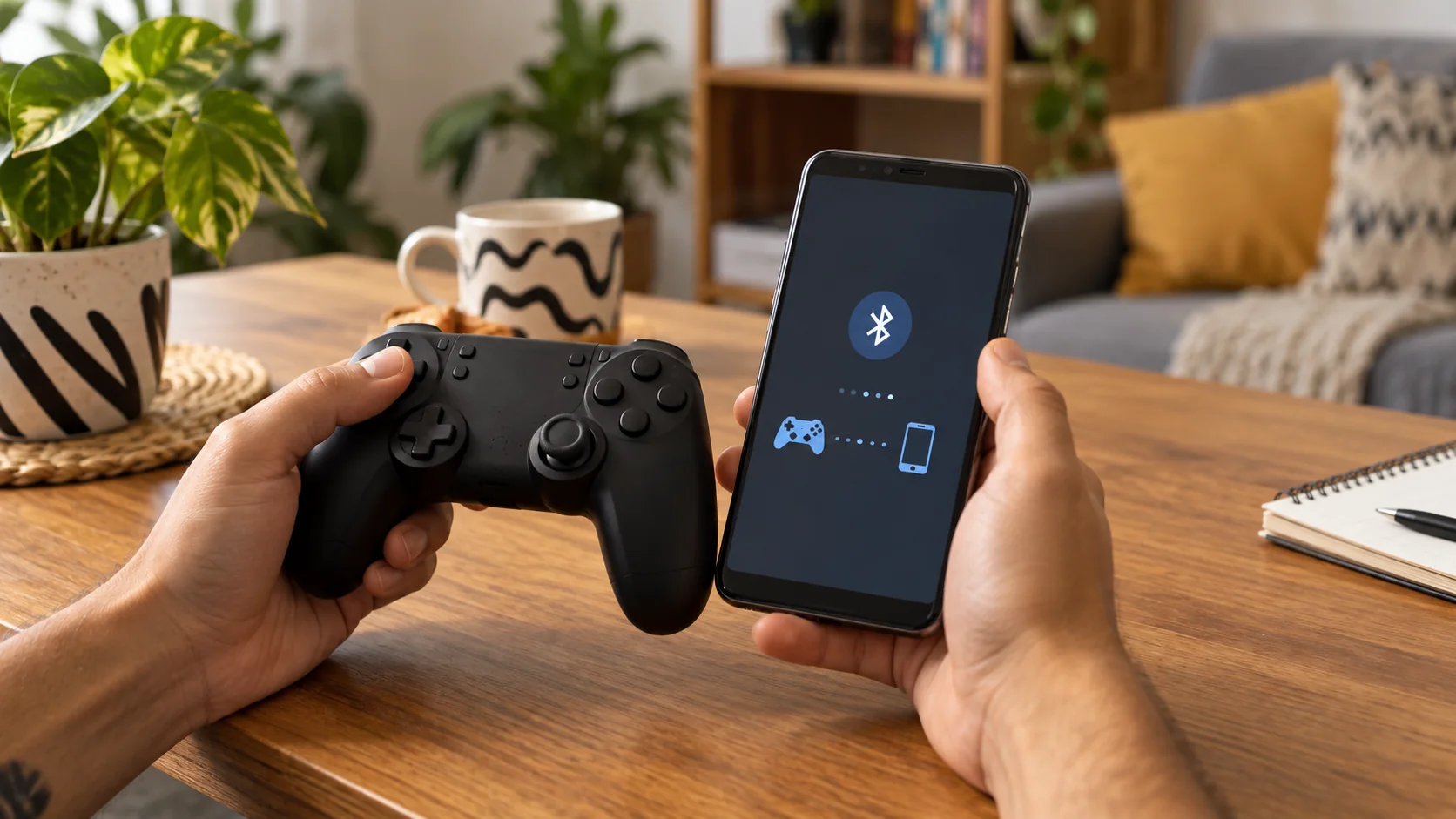 Ilustração de pareamento entre controle e celular por Bluetooth