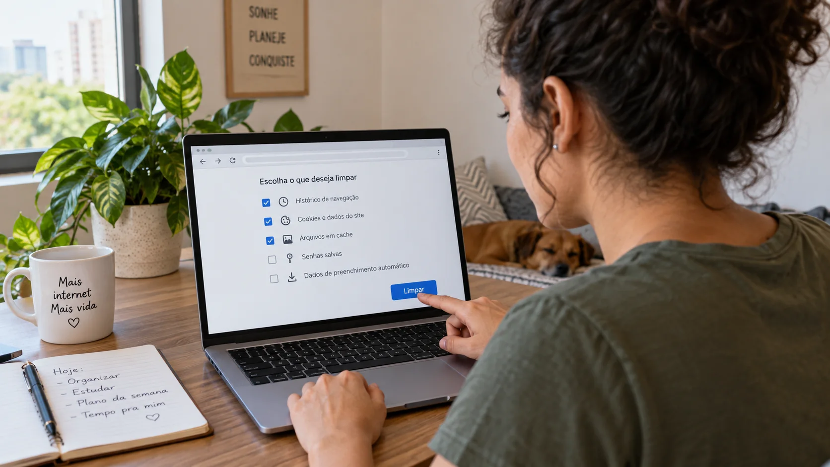 Ilustração de pessoa escolhendo opções de limpeza em interface fictícia no notebook