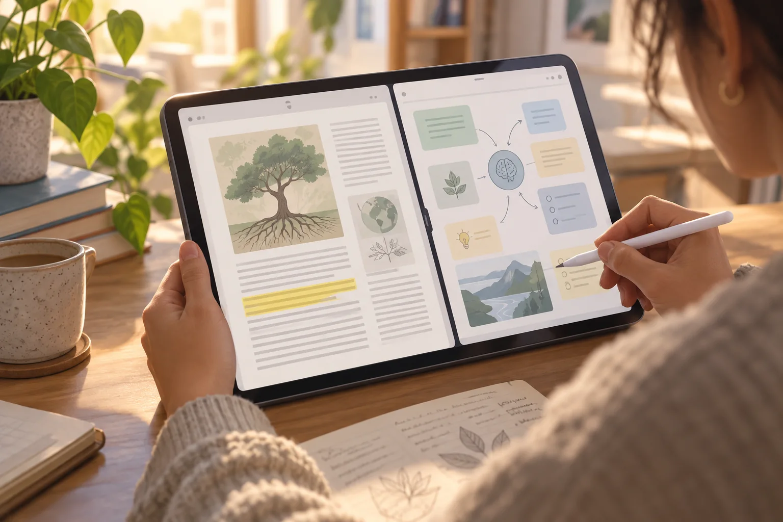 Ilustração de tablet com PDF marcado e divisão conceitual de tela