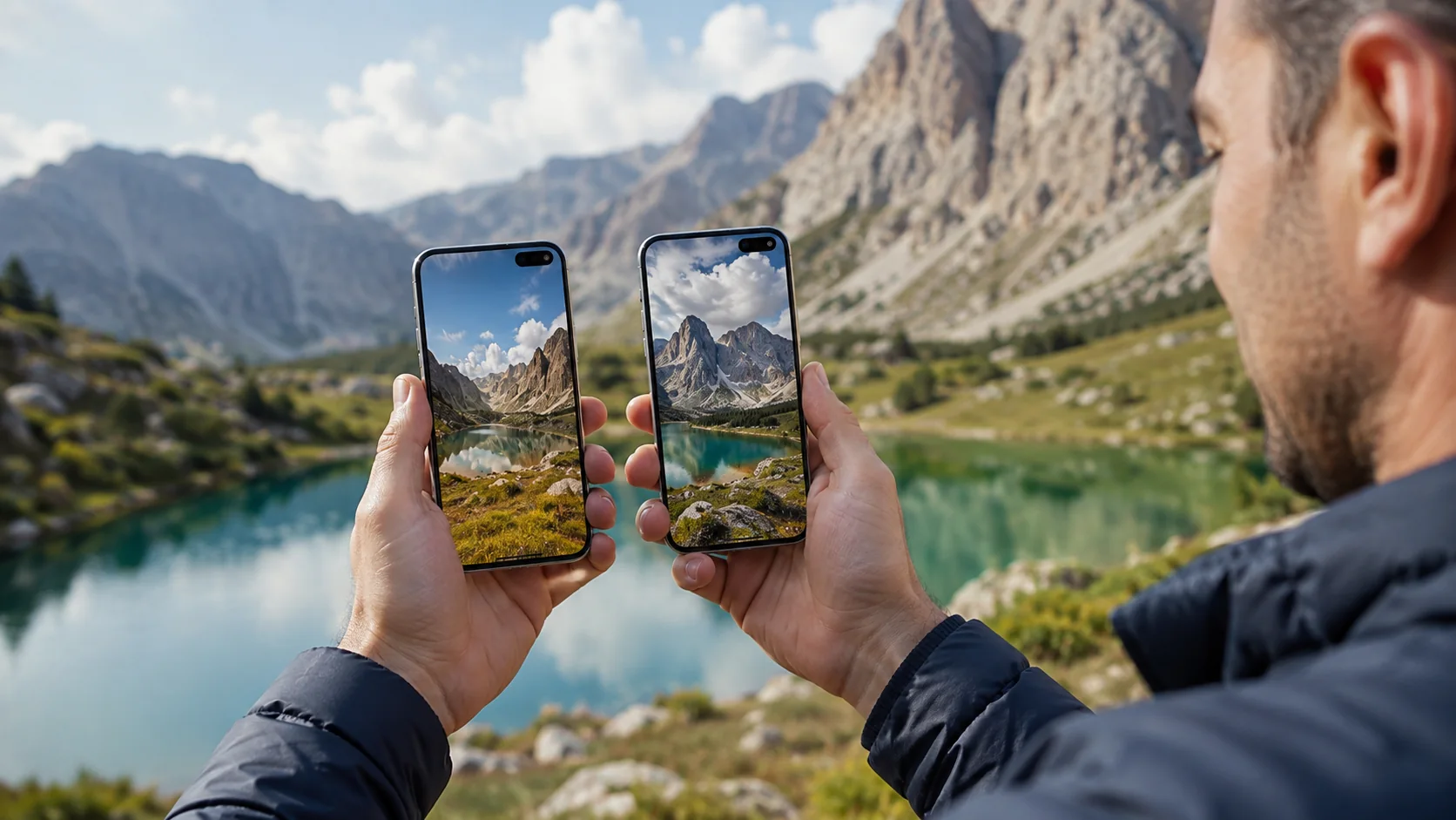 Pessoa comparando fotografias feitas por dois smartphones