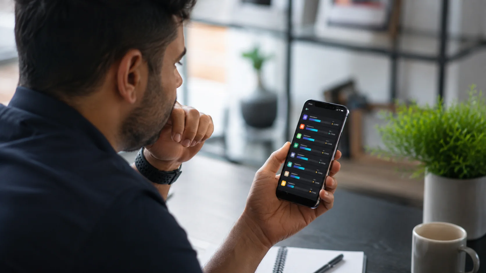 Pessoa analisando aplicativos e consumo de recursos em smartphone
