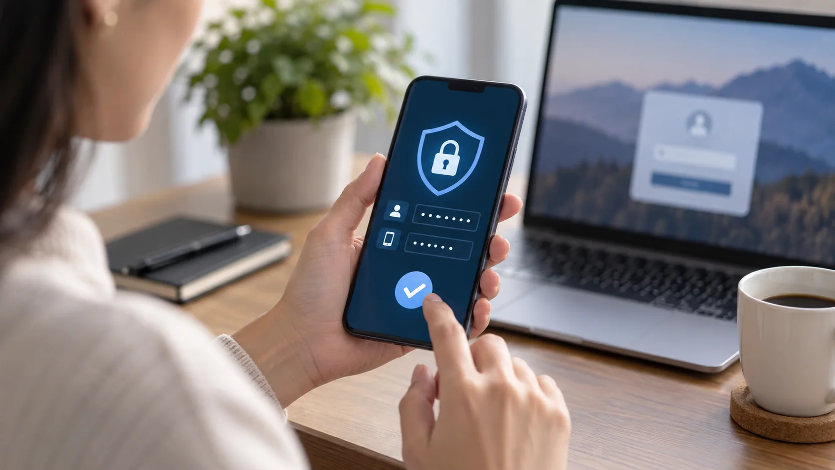 Celular com símbolo de identidade digital protegida e autenticação em duas etapas