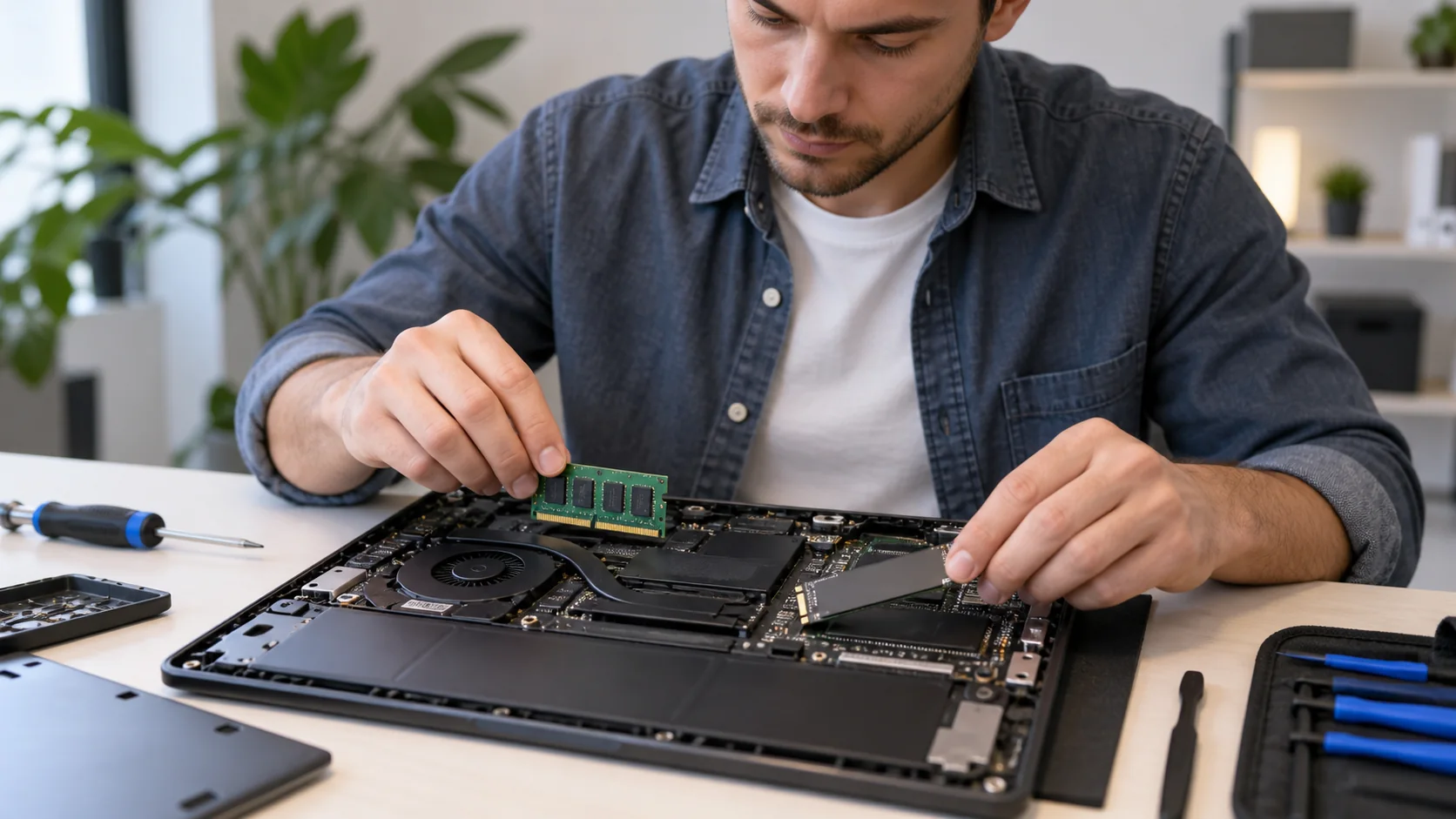 Técnico instalando memória RAM e SSD em notebook compatível