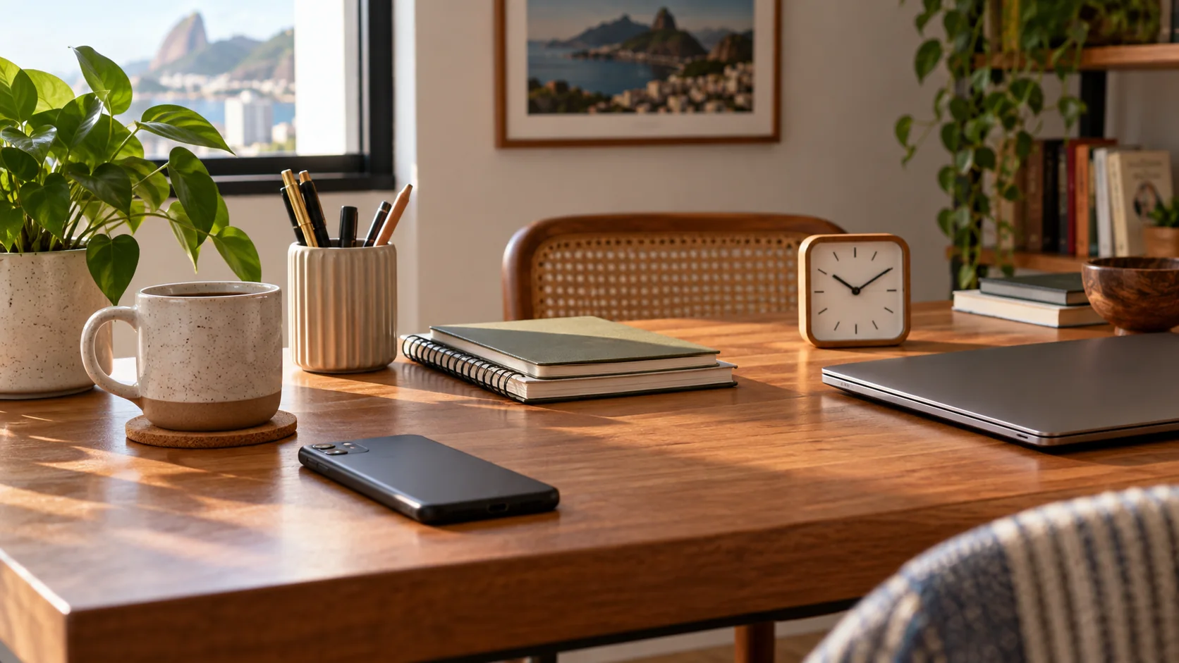 Ilustração de mesa organizada com celular virado para baixo e relógio