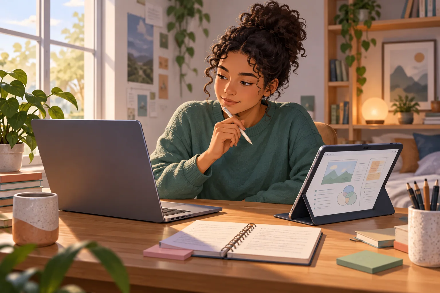 Ilustração de estudante comparando notebook e tablet na mesa